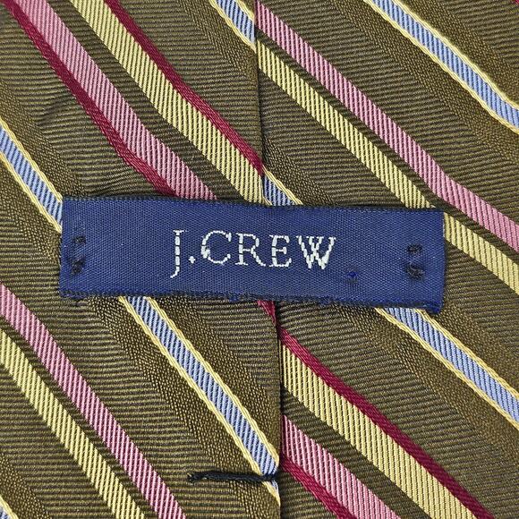 J CREW VINTAGE MEN'S 100% SILK BROWN/GOLD/PINK WHITE STRIPED NECK TIE - Picture 4 of 8